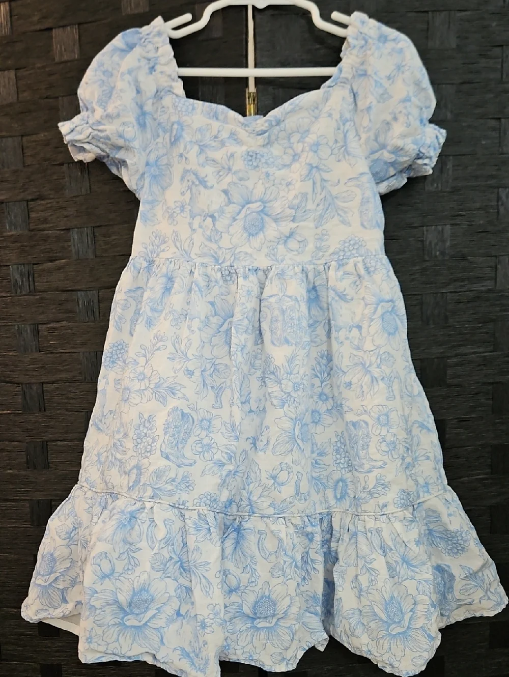 Happily Grey Girls' Light Blue Coastal Cowgirl Floral Puff-Sleeve Dress Sz 6